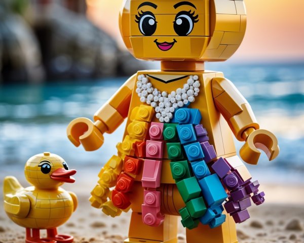 LEGO Figure and Rubber Duck on a Beach at Sunset