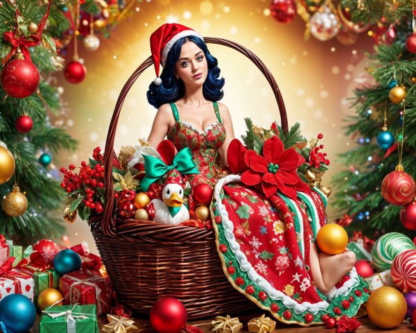 Festive Doll Scene with Holiday Decor and Plush Duck