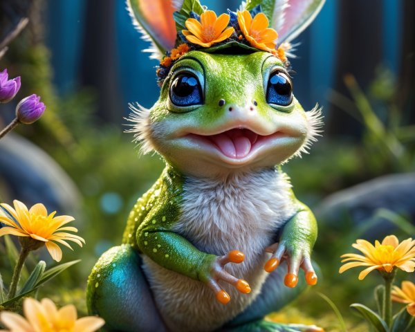 Cartoon Frog with Bunny Ears in Enchanted Forest