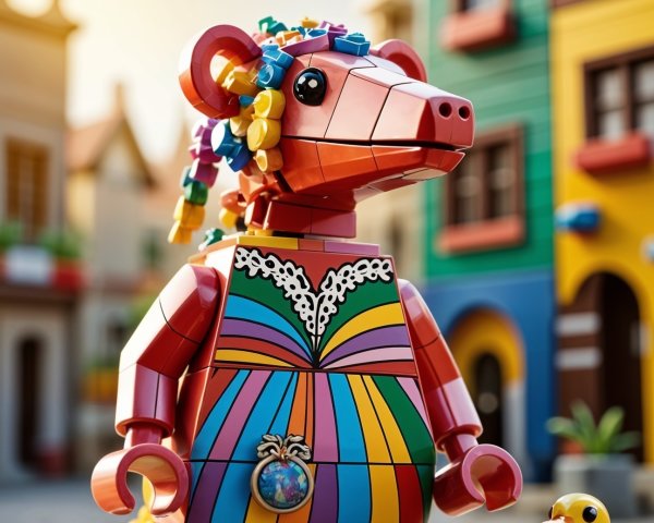 Colorful LEGO Bear Figure with Playful Duck and Buildings