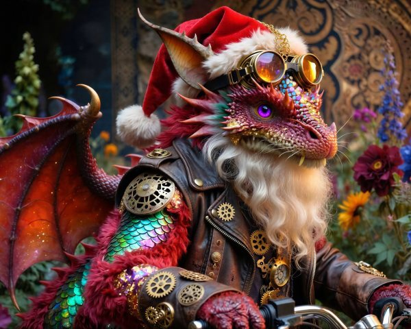 Steampunk Dragon on Motorcycle with Colorful Flowers