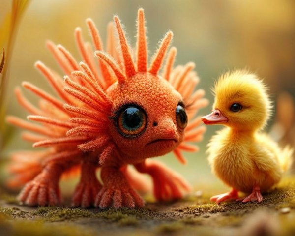 Whimsical Creature and Duckling in Enchanting Setting