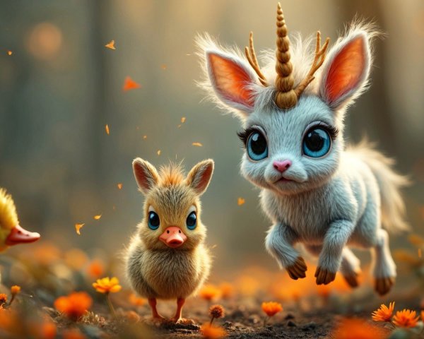 Whimsical Forest Scene with Unicorn and Duckling
