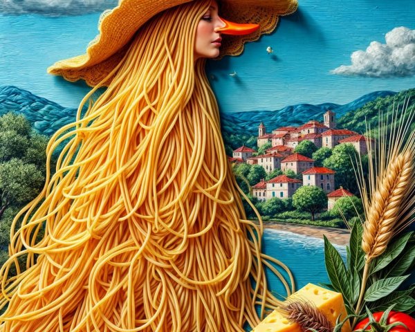 Whimsical Figure in Spaghetti Hat Surrounded by Food