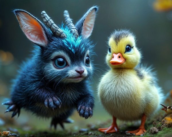 Whimsical Forest Scene with Furry Creature and Duckling