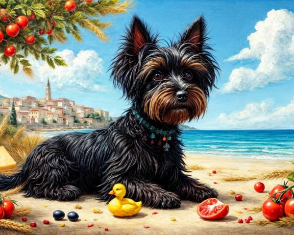 Yorkshire Terrier on Beach with Fruits and Ducks