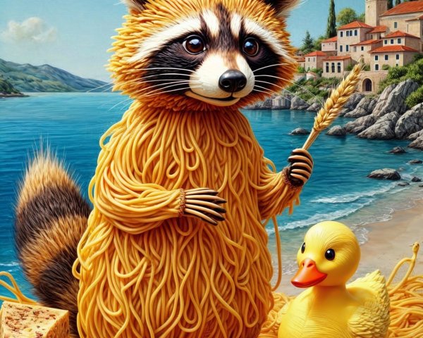 Whimsical Raccoon Pasta Scene with Coastal Landscape