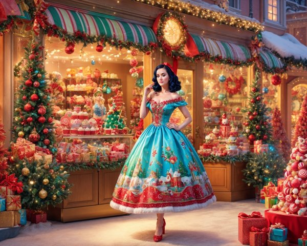 Elegant Woman in Turquoise Dress at Holiday Bakery