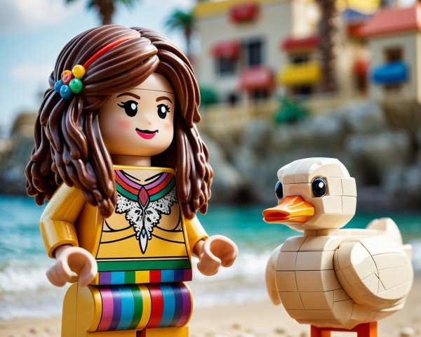Cheerful LEGO Figure on Tropical Beach with Duck