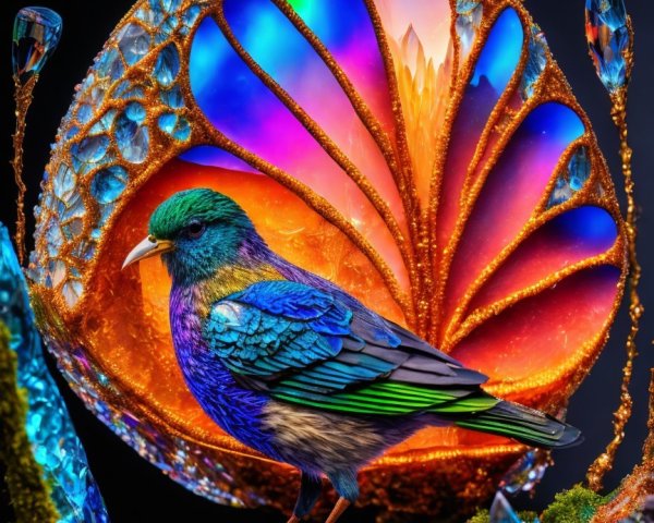 Iridescent Blue Bird with Stained-Glass Butterfly Wing
