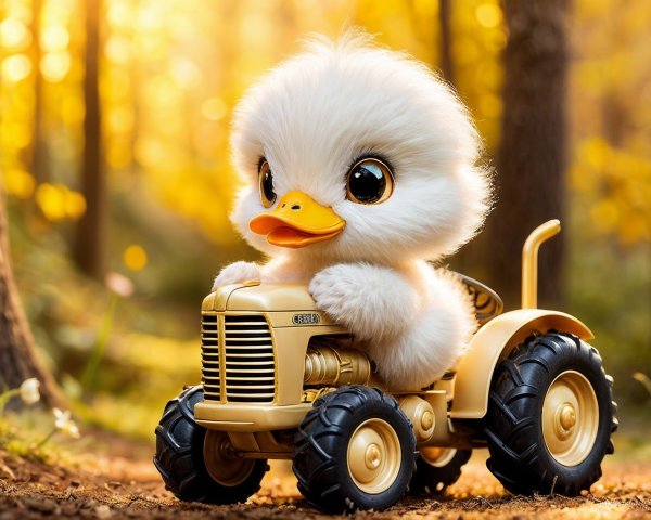 Fluffy Duckling on Golden Tractor in Lush Forest