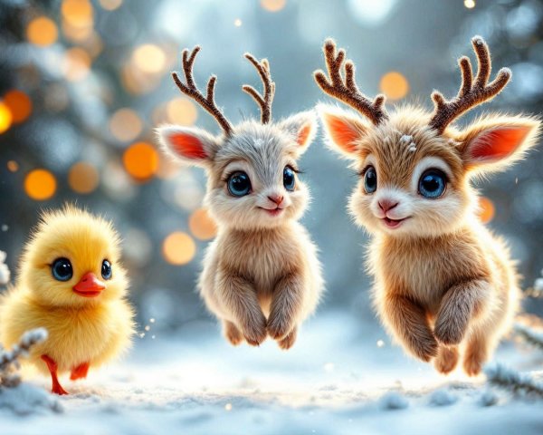 Whimsical Winter Scene with Fawn-like Creatures and Duckling