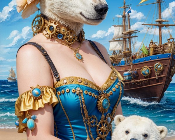 Regal Figure with Polar Bear Head in Marine Scene