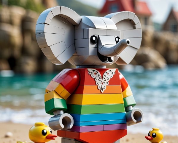 LEGO Elephant on Beach with Rubber Ducks and Ocean View