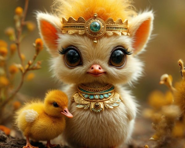 Fluffy Cartoon Chick and Duckling in Whimsical Scene