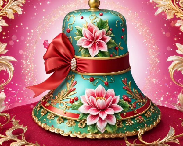 Decorative Bell with Floral Designs and Red Ribbon