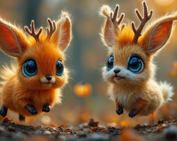 Fluffy Creatures Playing in Autumn Forest Setting
