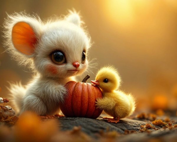 Whimsical Scene of a Creature and Duckling in Autumn