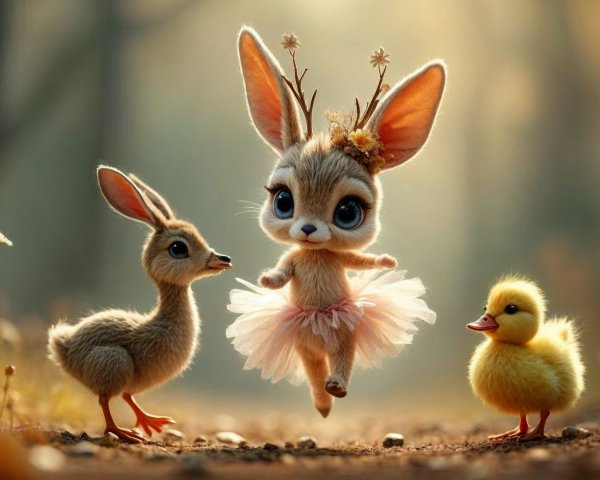 Whimsical Forest Scene with Dancing Bunny and Friends