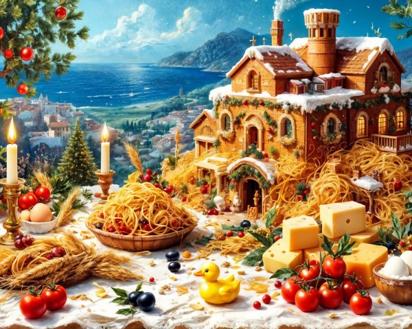 Gingerbread House Surrounded by Vibrant Culinary Scene