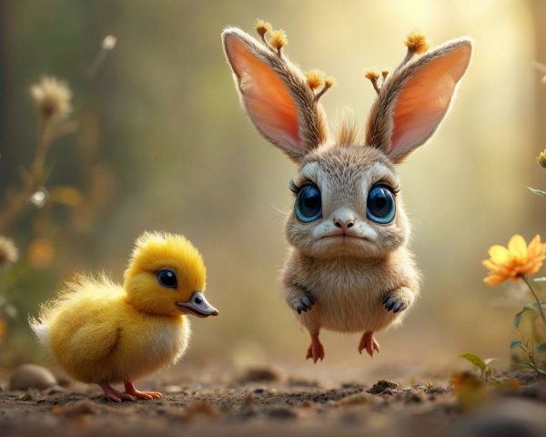 Whimsical Forest Scene with Bunny and Duckling