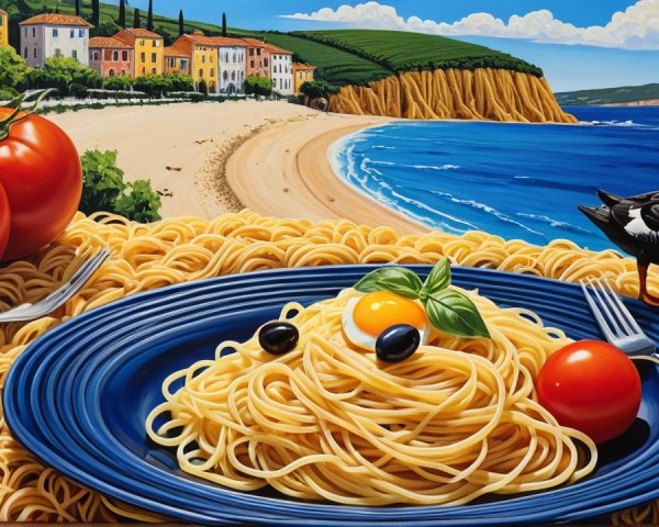 Vibrant Plate of Spaghetti with Beachside Village Background