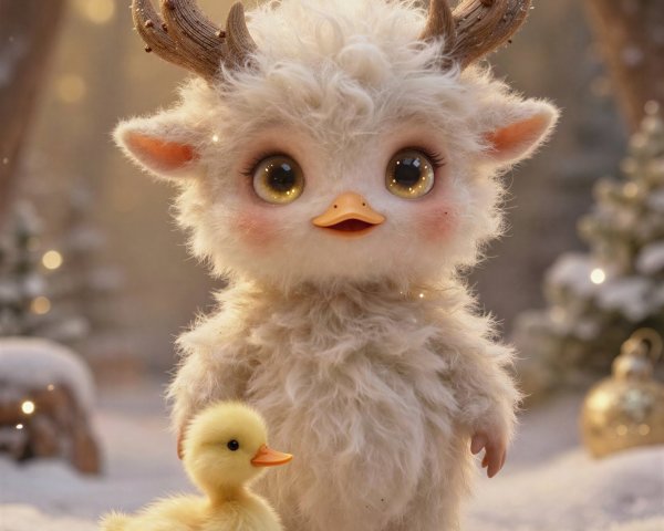 Cute Fuzzy Creature in Snowy Forest with Chick