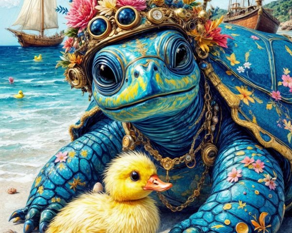 Regal Turtle and Duckling at a Sunny Beach Scene