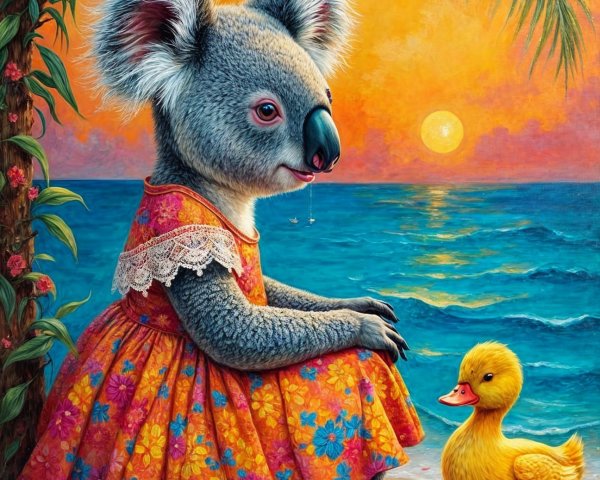 Koala in Floral Dress by Sunset Shore with Duckling