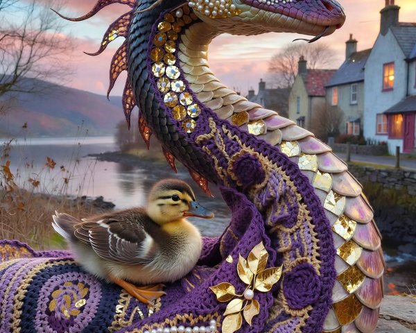 Majestic dragon with duckling at sunset lakeside village