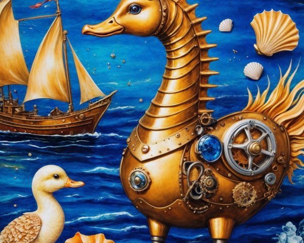 Steampunk Seahorse and Duckling on Rocky Shoreline