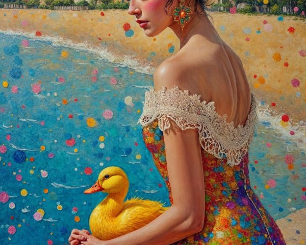 Young Woman in Vibrant Dress by Serene Beach
