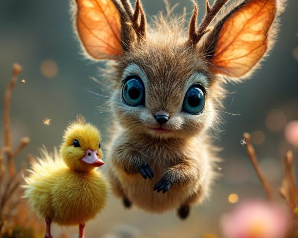 Whimsical Scene of a Fluffy Creature and Duckling