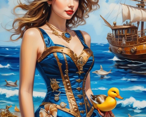 Elegant Woman in Blue Gown on Sandy Beach Scene