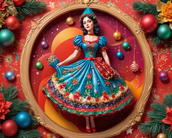 Whimsical Doll in Festive Holiday Scene