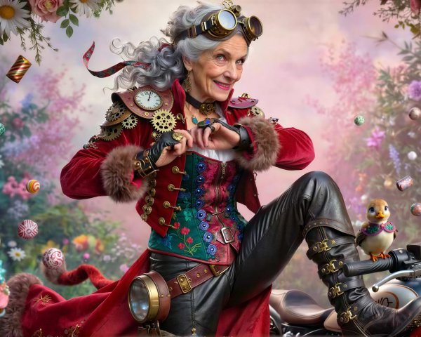 Steampunk Grandmother in Candy Land on Motorcycle