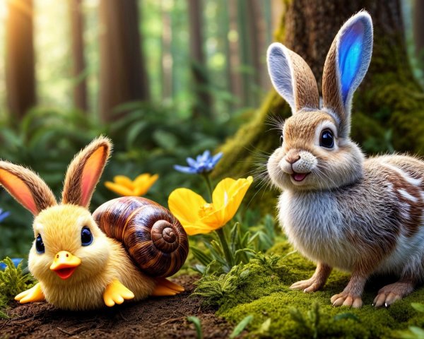 Cheerful Rabbit and Whimsical Duck-Snail in Forest