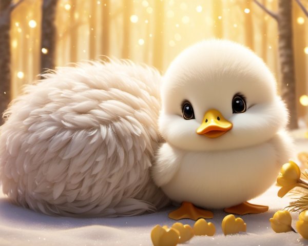 Fluffy Yellow Duckling in Serene Snowy Woodland