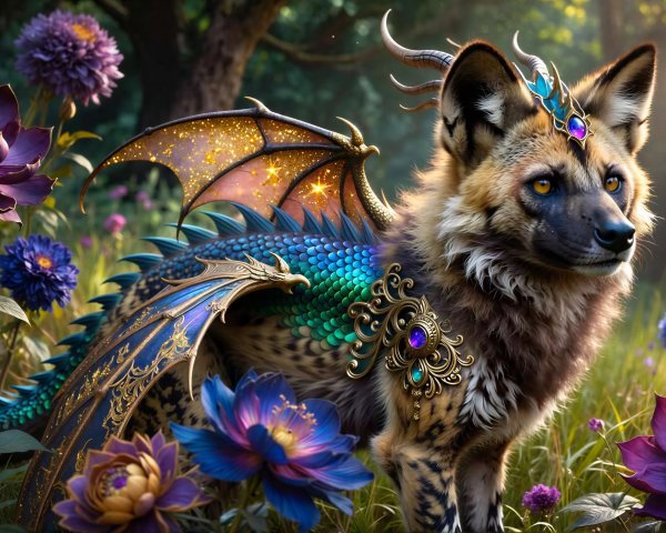 Majestic Fantasy Creature in Colorful Flower Field