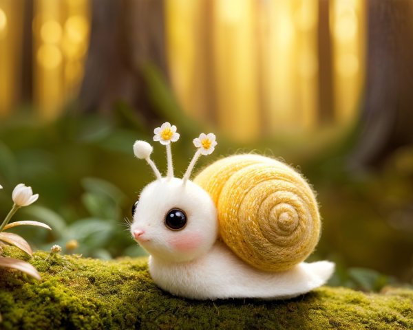 Whimsical Snail Figurine in Serene Woodland Setting