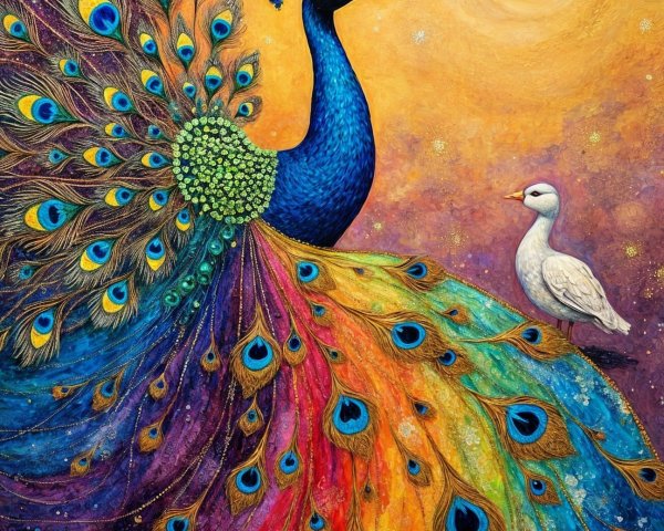 Vibrant Illustration of a Peacock and Duck in Sunset