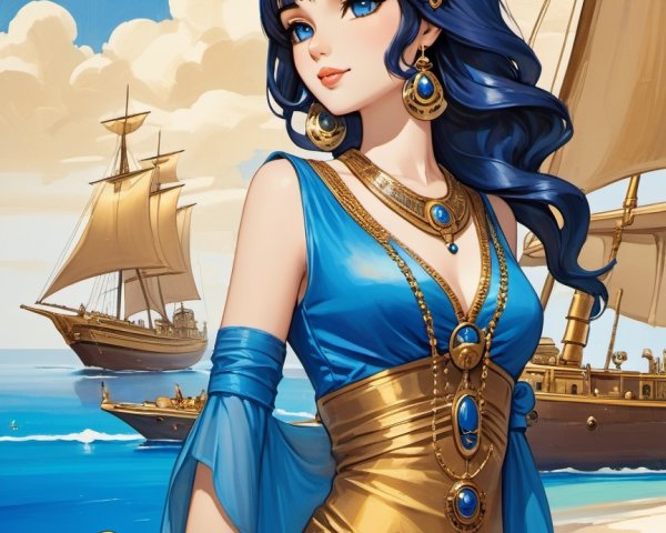 Coastal Scene with Woman in Blue and Sailing Ship