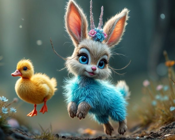 Playful Bunny and Duckling in a Colorful Meadow