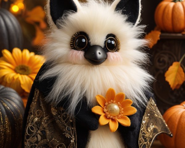 Plush Bat Character Surrounded by Autumn Decor