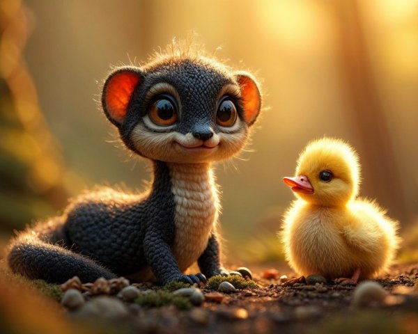 Whimsical Forest Scene with Furry Creature and Duckling