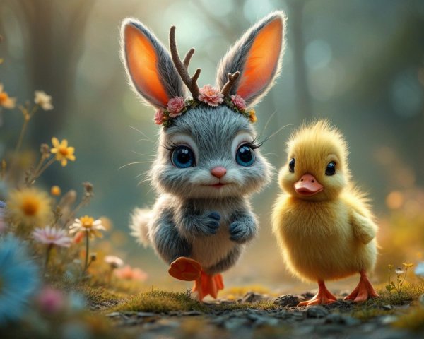 Bunny and Duckling in a Colorful Meadow Scene