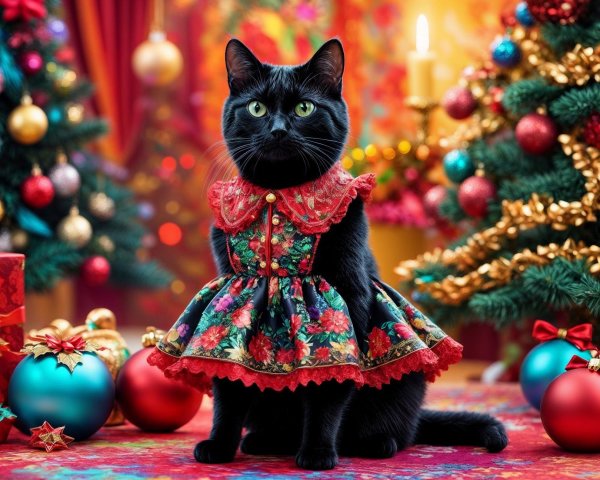 Black Cat in Floral Dress Amidst Holiday Decor