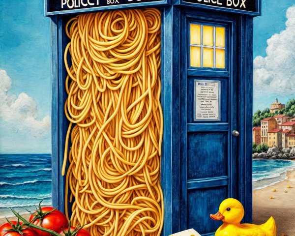 Whimsical Blue Police Box with Spaghetti and Beach Scene
