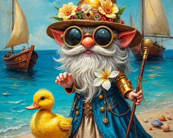 Whimsical gnome on beach with duckling and ships