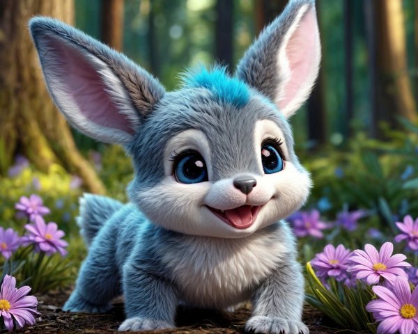 Cartoon Bunny Among Purple Flowers in Forest